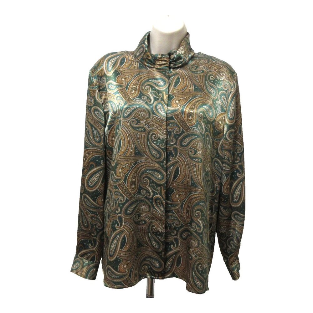 Leslie Fay Sportswear Blouse 14 Satin Paisley Floral Gold Green Dressy Lg Sleeve